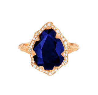 Queen Water Drop Sapphire Ring with Full Pavé Diamond Halo Rose Gold 5  by Logan Hollowell Jewelry