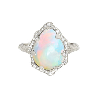Queen Water Drop Cabochon White Opal Ring with Full Pavé Diamond Halo White Gold 5  by Logan Hollowell Jewelry