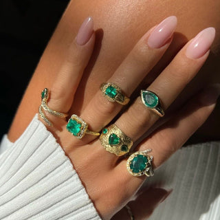 18k Baby Queen Emerald Asscher Cut Ring with Pave Diamonds    by Logan Hollowell Jewelry