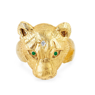 18k Lady Lioness Ring with Starset Diamond & Emerald Eyes 4 Yellow Gold  by Logan Hollowell Jewelry