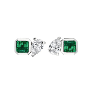 Lovers Duet Emerald & Diamond Studs White Gold Pair  by Logan Hollowell Jewelry
