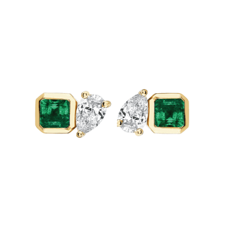 Lovers Duet Emerald & Diamond Studs Yellow Gold Pair  by Logan Hollowell Jewelry