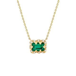 Micro Queen Emerald Cut Emerald Necklace with Sprinkled Diamonds Yellow Gold   by Logan Hollowell Jewelry