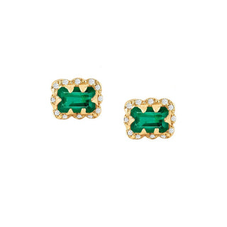 Micro Queen Emerald Cut Emerald Earrings with Sprinkled Diamonds Yellow Gold Pair  by Logan Hollowell Jewelry