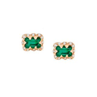 Micro Queen Emerald Cut Emerald Earrings with Sprinkled Diamonds Rose Gold Pair  by Logan Hollowell Jewelry