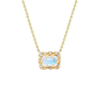 Micro Queen Emerald Cut Moonstone Necklace with Sprinkled Diamonds Yellow Gold   by Logan Hollowell Jewelry