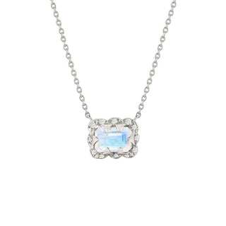 Micro Queen Emerald Cut Moonstone Necklace with Sprinkled Diamonds White Gold   by Logan Hollowell Jewelry