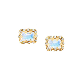 Micro Queen Emerald Cut Moonstone Earrings with Sprinkled Diamonds Yellow Gold Pair  by Logan Hollowell Jewelry