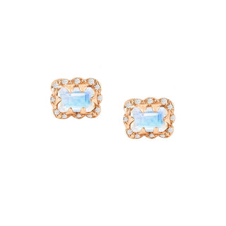 Micro Queen Emerald Cut Moonstone Earrings with Sprinkled Diamonds Rose Gold Pair  by Logan Hollowell Jewelry