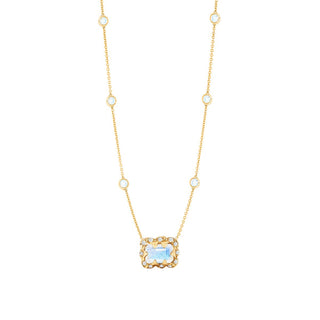 Micro Queen 5 Moonstone Orbit Choker with Emerald Cut Moonstone Center 14"-15" Yellow Gold  by Logan Hollowell Jewelry