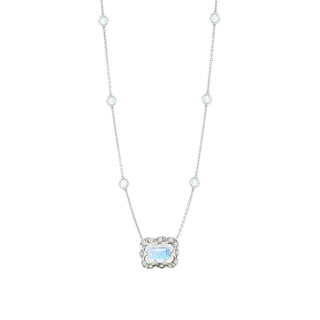 Micro Queen 5 Moonstone Orbit Choker with Emerald Cut Moonstone Center 14"-15" White Gold  by Logan Hollowell Jewelry