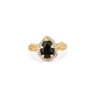 Micro Queen Water Drop Onyx Rose Thorn Ring with Pavé Diamond Halo 4 Yellow Gold  by Logan Hollowell Jewelry