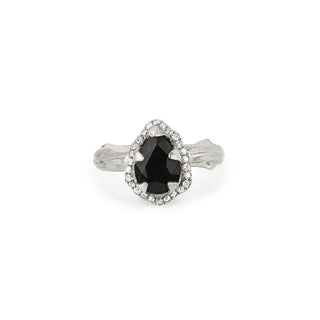 Micro Queen Water Drop Onyx Rose Thorn Ring with Pavé Diamond Halo 4 White Gold  by Logan Hollowell Jewelry