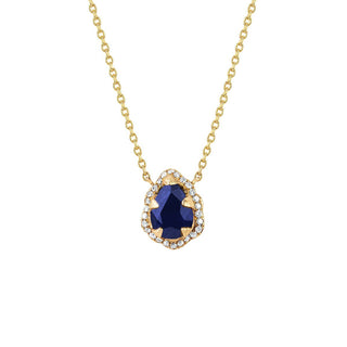 Micro Queen Water Drop Blue Sapphire Necklace with Pavé Diamond Halo Yellow Gold 16"  by Logan Hollowell Jewelry