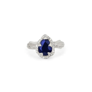 Micro Queen Water Drop Blue Sapphire Rose Thorn Ring with Sprinkled Diamonds 2.5 White Gold  by Logan Hollowell Jewelry