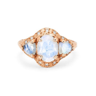 Queen Triple Goddess Trillion Moonstone Ring with Sprinkled Diamonds Rose Gold 5  by Logan Hollowell Jewelry