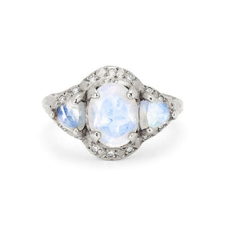 Queen Triple Goddess Trillion Moonstone Ring with Sprinkled Diamonds White Gold 5  by Logan Hollowell Jewelry
