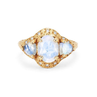 Queen Triple Goddess Trillion Moonstone Ring with Sprinkled Diamonds Yellow Gold 5  by Logan Hollowell Jewelry