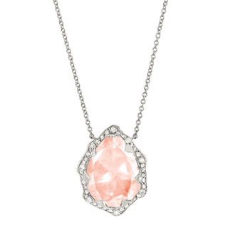 Queen Water Drop Morganite Necklace with Full Pavé Halo White Gold   by Logan Hollowell Jewelry