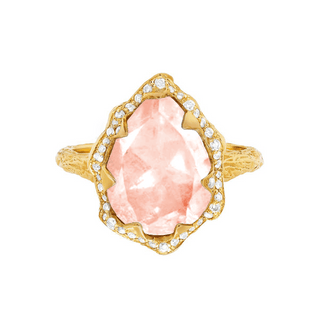 Queen Water Drop Morganite Ring with Full Pavé Halo Yellow Gold 4  by Logan Hollowell Jewelry