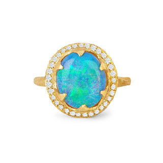 Queen Oval Cabochon Blue Opal Ring with Full Pavé Diamond Halo 4 Yellow Gold  by Logan Hollowell Jewelry