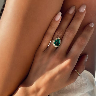 One of a Kind 18k Queen Water Drop Premium Zambian Emerald Ring with Full Pavé Diamond Halo    by Logan Hollowell Jewelry