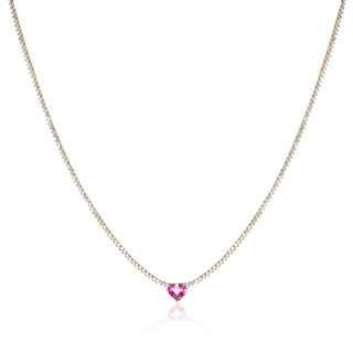 Diamond Luxe Choker with Pink Sapphire Heart Center 15" Yellow Gold  by Logan Hollowell Jewelry