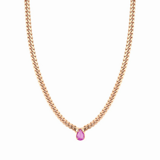 Queen Cuban Choker with Water Drop Pink Sapphire Center 14" Rose Gold  by Logan Hollowell Jewelry