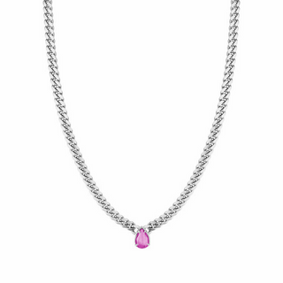 Queen Cuban Choker with Water Drop Pink Sapphire Center 14" White Gold  by Logan Hollowell Jewelry