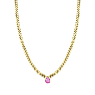 Queen Cuban Choker with Water Drop Pink Sapphire Center 14" Yellow Gold  by Logan Hollowell Jewelry