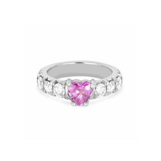French Pavé Queen Cloud Fit Band with Pink Sapphire Heart Center 2.5 White Gold  by Logan Hollowell Jewelry