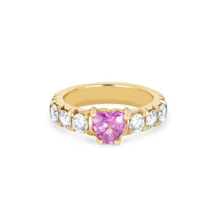 French Pavé Queen Cloud Fit Band with Pink Sapphire Heart Center 2.5 Yellow Gold  by Logan Hollowell Jewelry