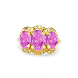 Queen Triple Goddess Pink Sapphire Ring with Sprinkled Diamonds 4.5 Yellow Gold  by Logan Hollowell Jewelry
