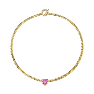 Pavé Unity Toggle Cuban Necklace with Pink Sapphire Heart Center 14" Yellow Gold  by Logan Hollowell Jewelry