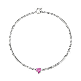 Pavé Unity Toggle Cuban Necklace with Pink Sapphire Heart Center 14" White Gold  by Logan Hollowell Jewelry