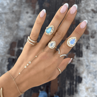 18k Baby Queen Moonstone Water Drop Ring with Large Full Pave Halo    by Logan Hollowell Jewelry