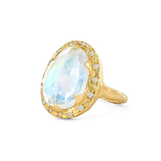 18k Queen Premium Rose Cut Oval Moonstone Ring with Sprinkled Diamonds    by Logan Hollowell Jewelry