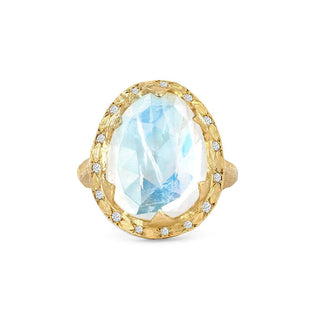 18k Queen Premium Rose Cut Oval Moonstone Ring with Sprinkled Diamonds 4 Yellow Gold  by Logan Hollowell Jewelry