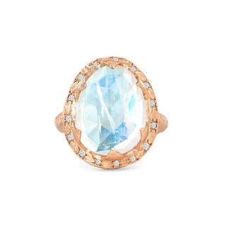 18k Queen Premium Rose Cut Oval Moonstone Ring with Sprinkled Diamonds 4 Rose Gold  by Logan Hollowell Jewelry