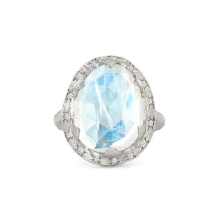 18k Queen Premium Rose Cut Oval Moonstone Ring with Sprinkled Diamonds 4 White Gold  by Logan Hollowell Jewelry