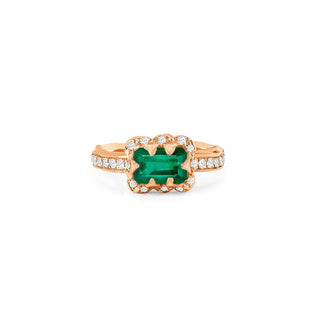 Micro Queen Emerald Cut Emerald Ring with Sprinkled Diamonds 4 Rose Gold  by Logan Hollowell Jewelry