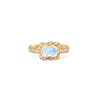 Micro Queen Emerald Cut Moonstone Ring with Sprinkled Diamonds 3.5 Yellow Gold Pave Band by Logan Hollowell Jewelry