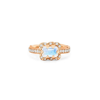 Micro Queen Emerald Cut Moonstone Ring with Sprinkled Diamonds 3.5 Rose Gold Pave Band by Logan Hollowell Jewelry