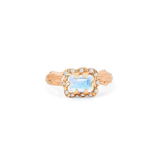 Micro Queen Emerald Cut Moonstone Ring with Sprinkled Diamonds 3.5 Rose Gold Solid Band by Logan Hollowell Jewelry