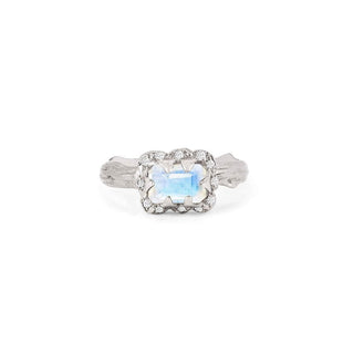 Micro Queen Emerald Cut Moonstone Ring with Sprinkled Diamonds 3.5 White Gold Solid Band by Logan Hollowell Jewelry