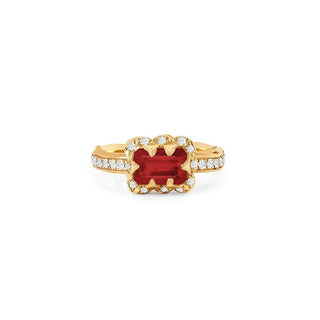 Micro Queen Emerald Cut Enhanced Ruby Rose Thorn Ring with Sprinkled Diamonds Pavé Diamond Band Yellow Gold 4 by Logan Hollowell Jewelry