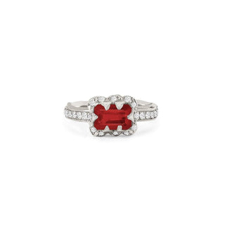 Micro Queen Emerald Cut Enhanced Ruby Rose Thorn Ring with Sprinkled Diamonds Pavé Diamond Band White Gold 4 by Logan Hollowell Jewelry