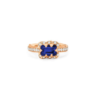 Micro Queen Emerald Cut Sapphire Rose Thorn Ring with Sprinkled Diamonds Pavé Diamond Band Rose Gold 4 by Logan Hollowell Jewelry
