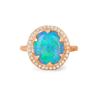 Queen Oval Cabochon Blue Opal Ring with Full Pavé Diamond Halo 4 Rose Gold  by Logan Hollowell Jewelry
