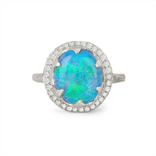 Queen Oval Cabochon Blue Opal Ring with Full Pavé Diamond Halo 4 White Gold  by Logan Hollowell Jewelry